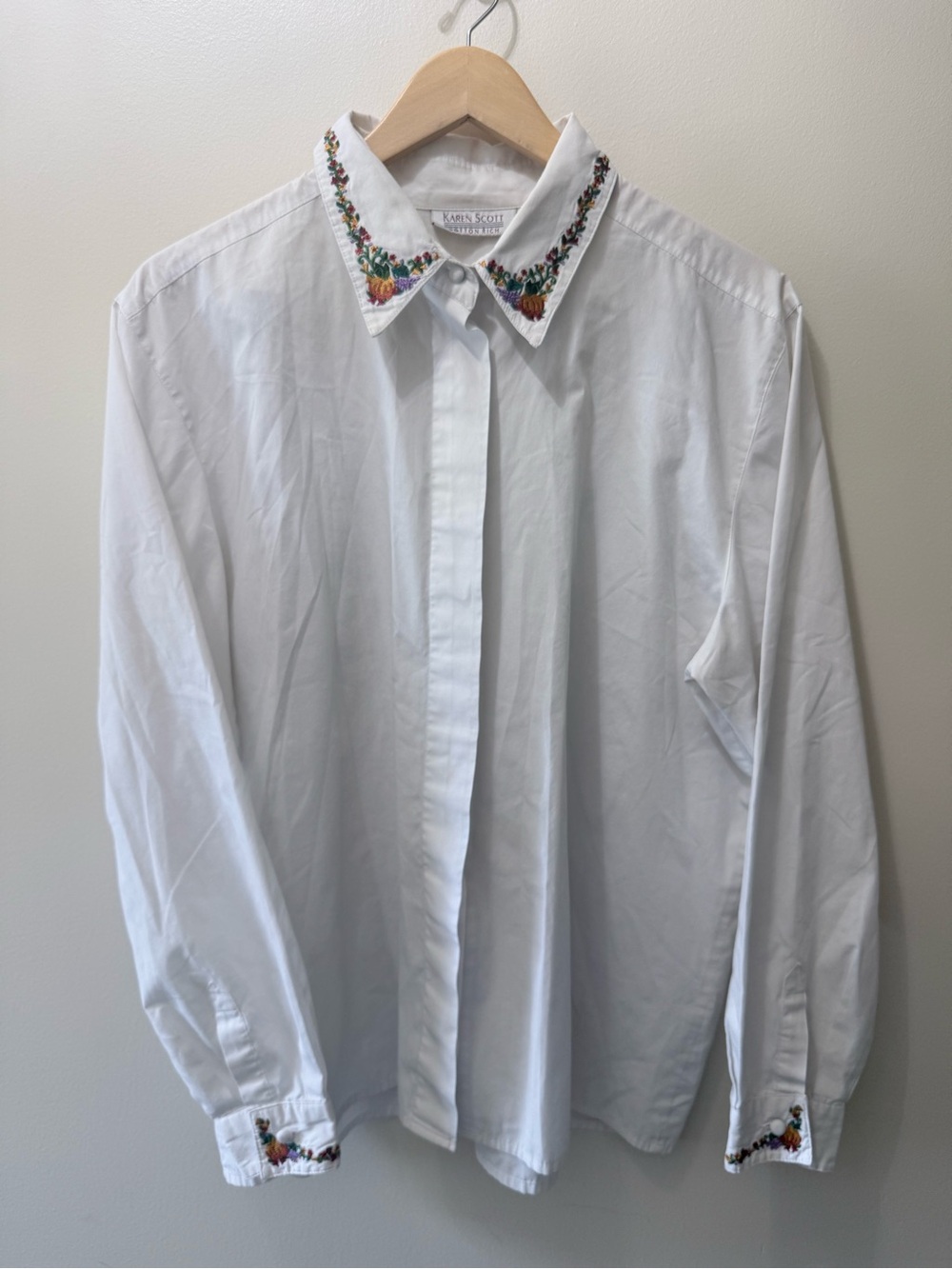 Vintage 90s Fall Pumpkin Floral Embroidered Collar Shirt Button Up Office XL